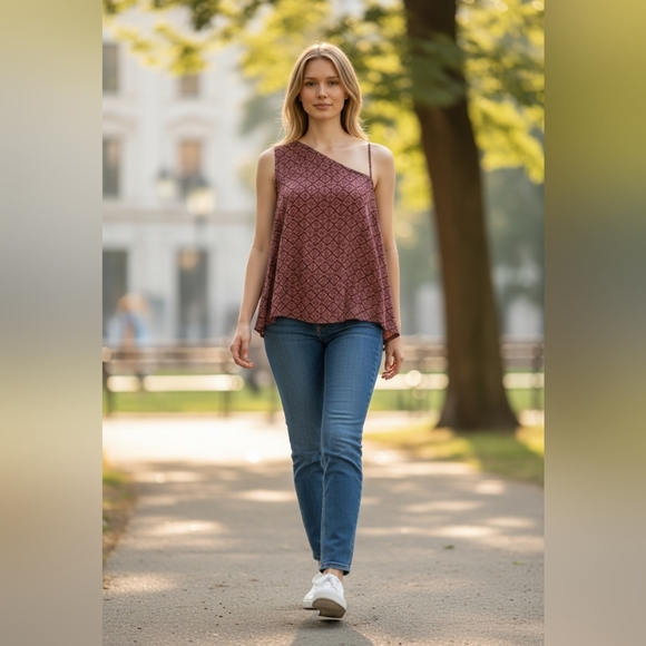 Seven Sisters Tops - Seven Sisters XL Womens Chic Design Geometric Print One-Shoulder Top Rust NWT